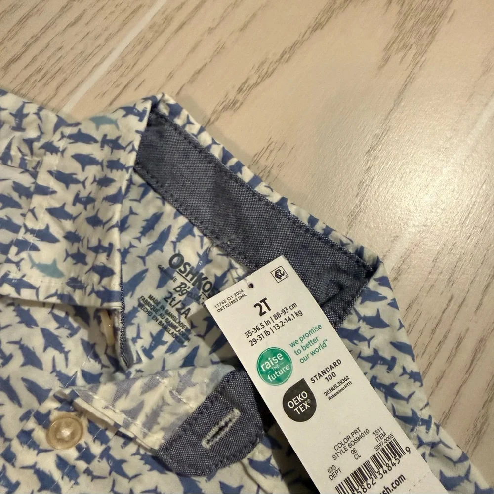 OshKosh Toddler Boy Shark Shirt Size 2T Button‎ Up Blue NEW